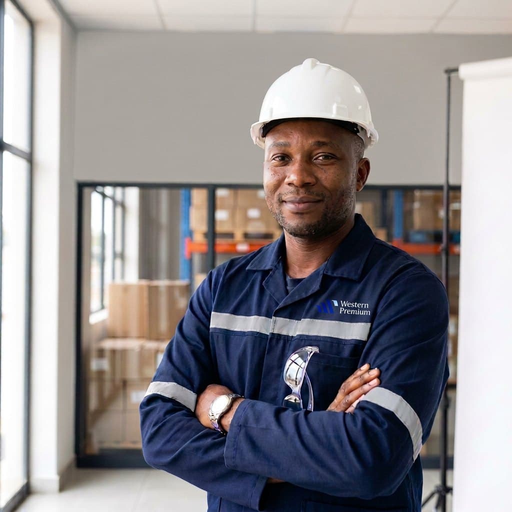 A Western Premium field engineer in company coveralls and a white safety helmet at the warehouse office