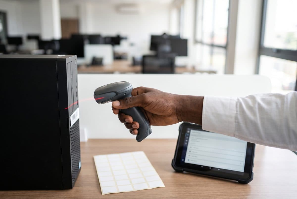 Handheld scanner reading an asset tag on a desktop computer