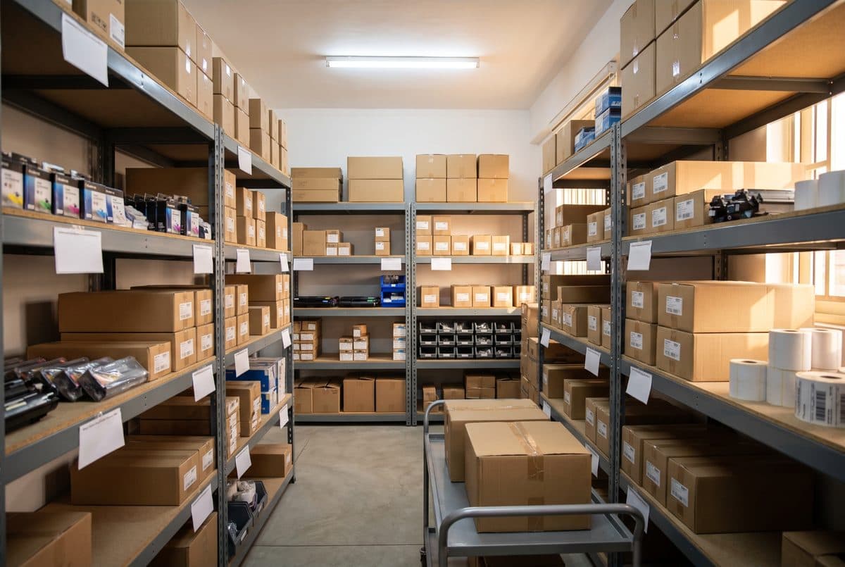 Store room shelving stocked with toner, ink and label supplies
