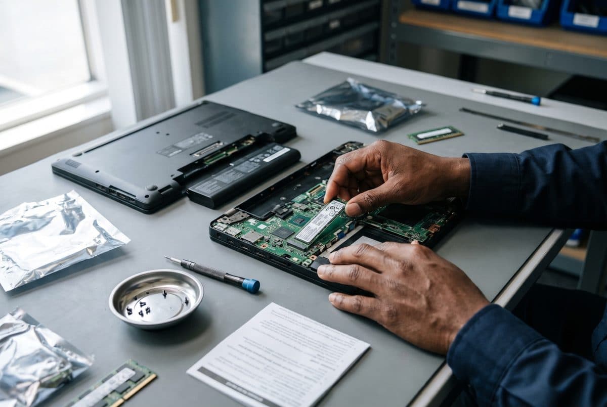 Technician fitting a replacement drive into an opened business laptop