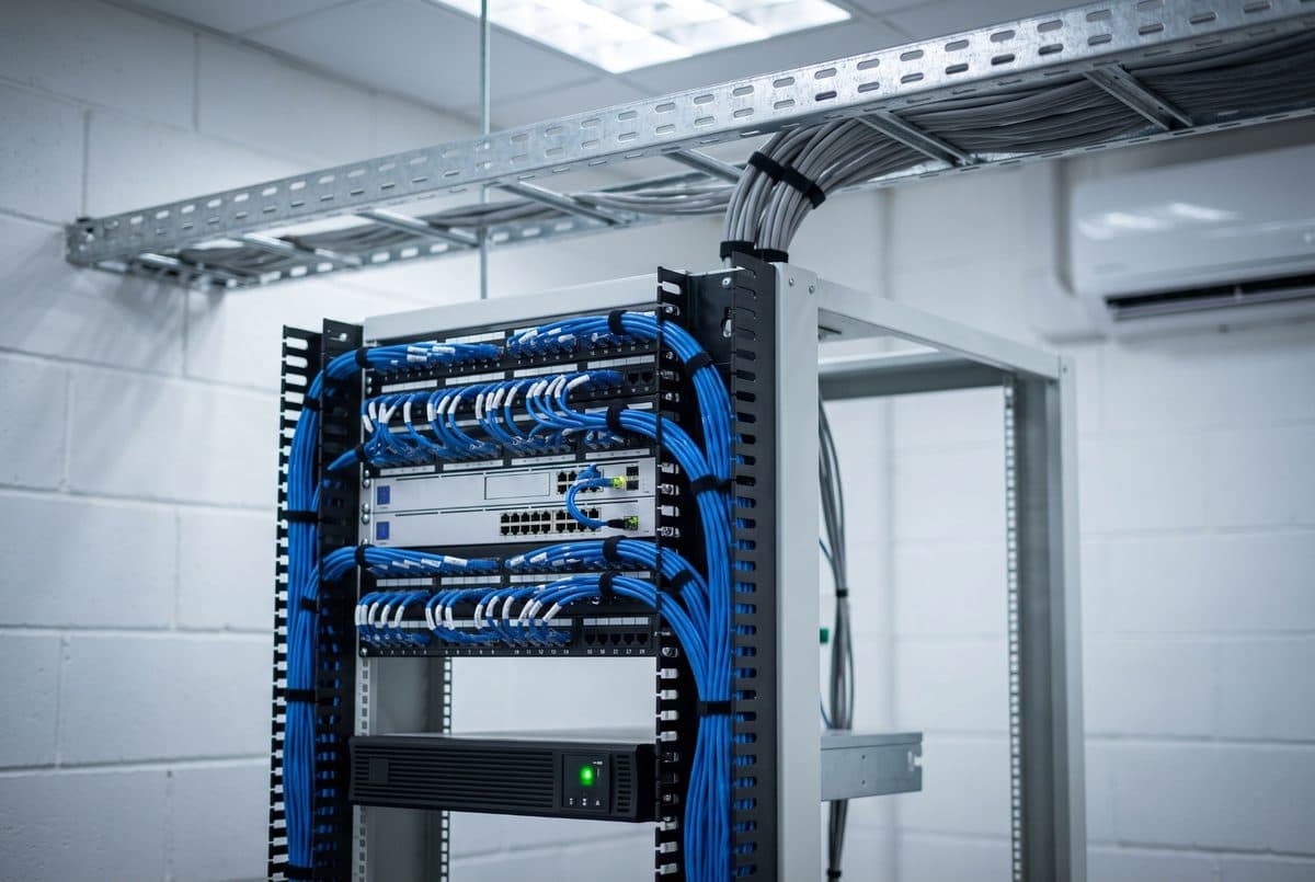 Network cabinet with neatly dressed blue patch cables and overhead cable tray