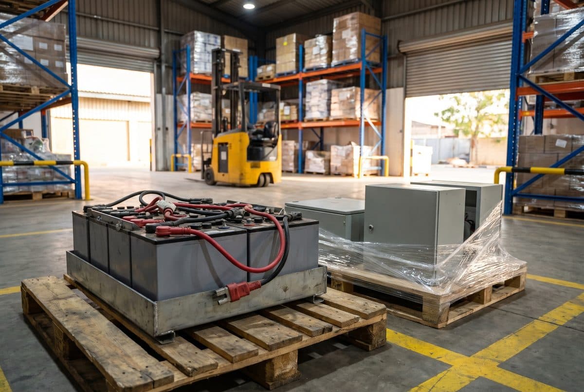 Forklift traction battery and changeover switch enclosures on pallets in a warehouse